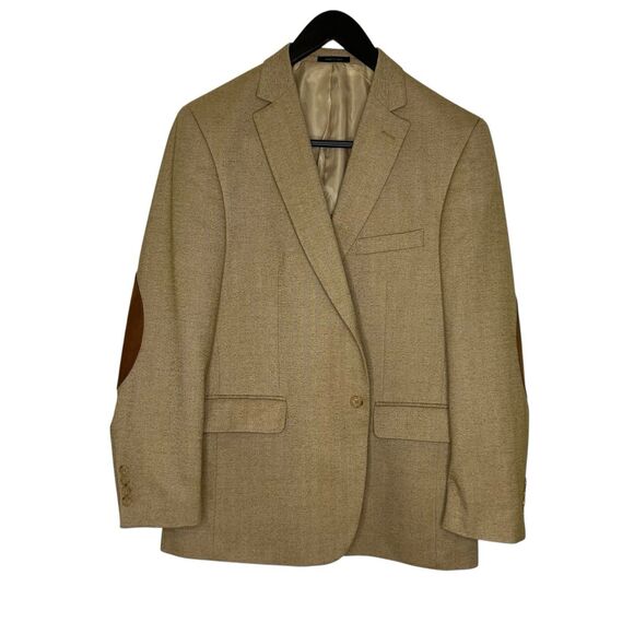 Club Room Herringbone Blazer Sport Coat Elbow Patch Mens 42R Tan Academia - Picture 5 of 13